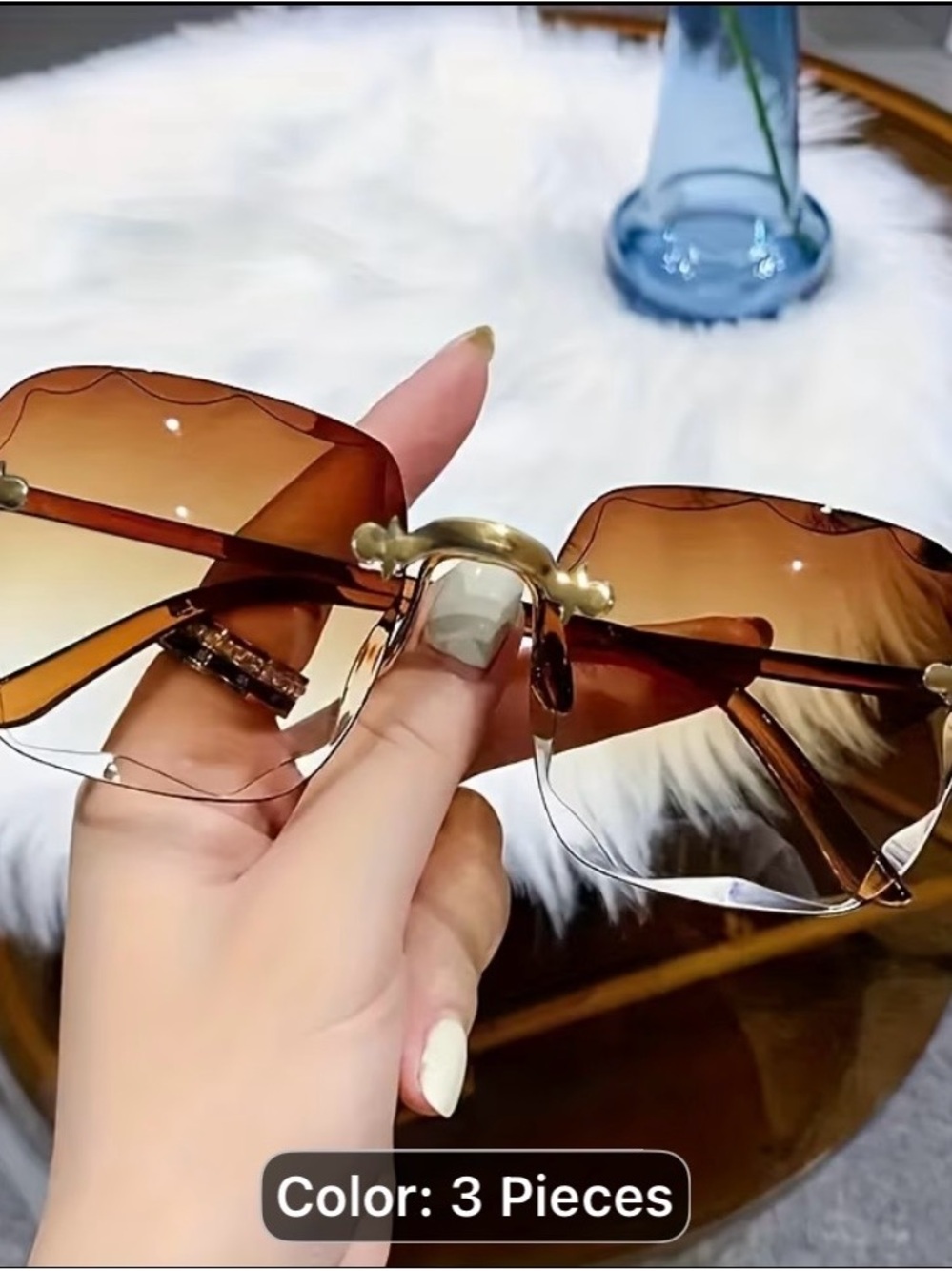 Three-Piece Rimless Gradient Sunglasses Set - Brown, Pink, Black - Picture 5 of 8